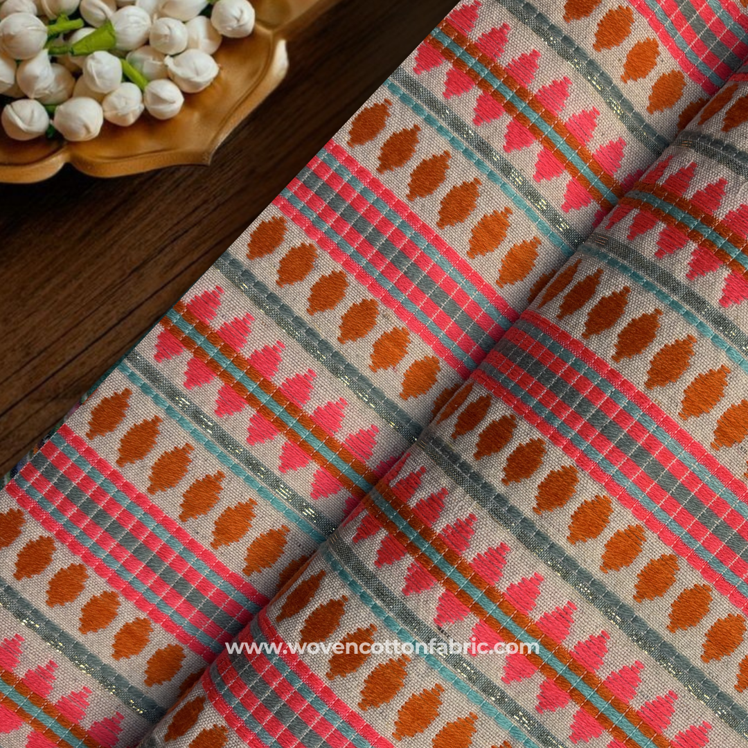 Rust & Hot Pink Geometric Stripe Jacquard Cotton Handloom Fabric, Per Meter