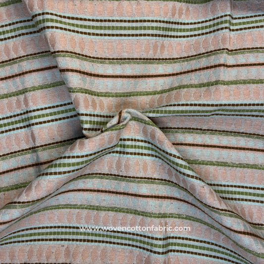 Boho Earthy Olive & Peach Diamond Jacquard Cotton Handloom Fabric, Per Meter
