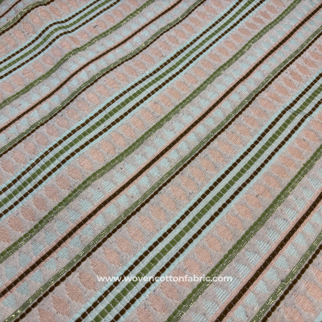Boho Earthy Olive & Peach Diamond Jacquard Cotton Handloom Fabric, Per Meter