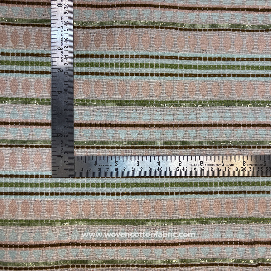 Boho Earthy Olive & Peach Diamond Jacquard Cotton Handloom Fabric, Per Meter