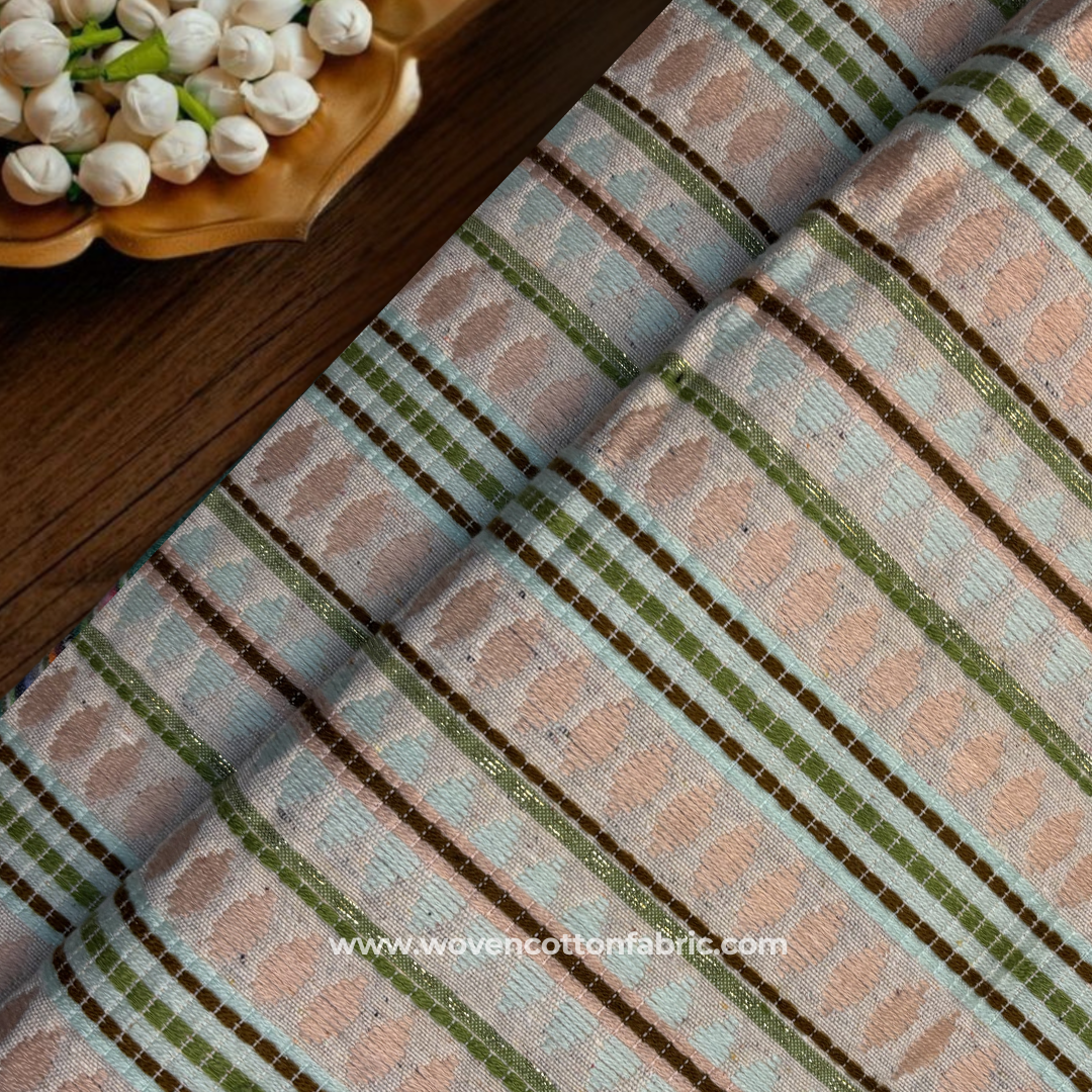Boho Earthy Olive & Peach Diamond Jacquard Cotton Handloom Fabric, Per Meter