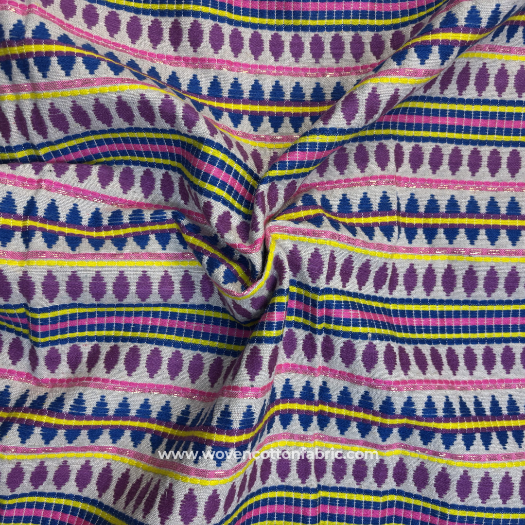 Boho Purple, Blue & Yellow Diamond Jacquard Cotton Handloom Fabric, Per Meter