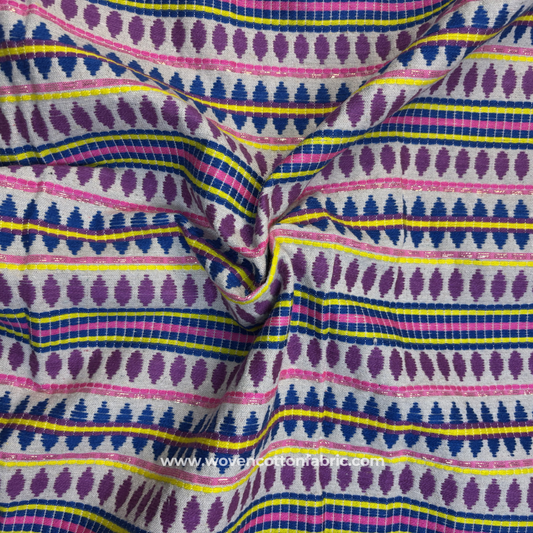 Boho Purple, Blue & Yellow Diamond Jacquard Cotton Handloom Fabric, Per Meter
