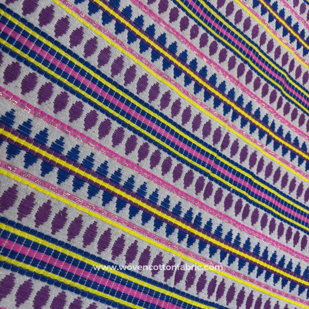 Boho Purple, Blue & Yellow Diamond Jacquard Cotton Handloom Fabric, Per Meter