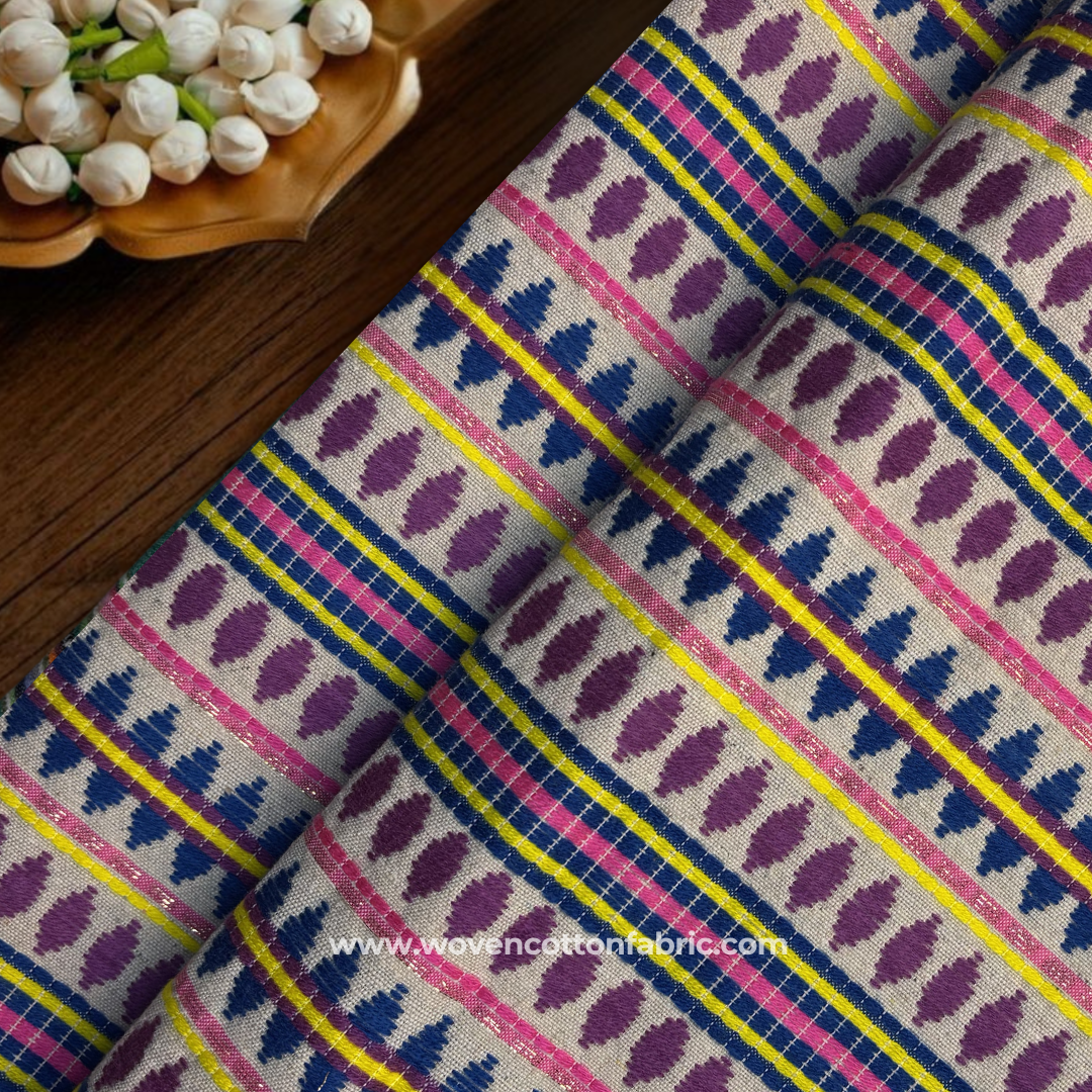 Boho Purple, Blue & Yellow Diamond Jacquard Cotton Handloom Fabric, Per Meter