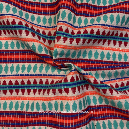 Southwestern Multi-Color Gold Zari Jacquard Cotton Handloom Fabric, Per Meter