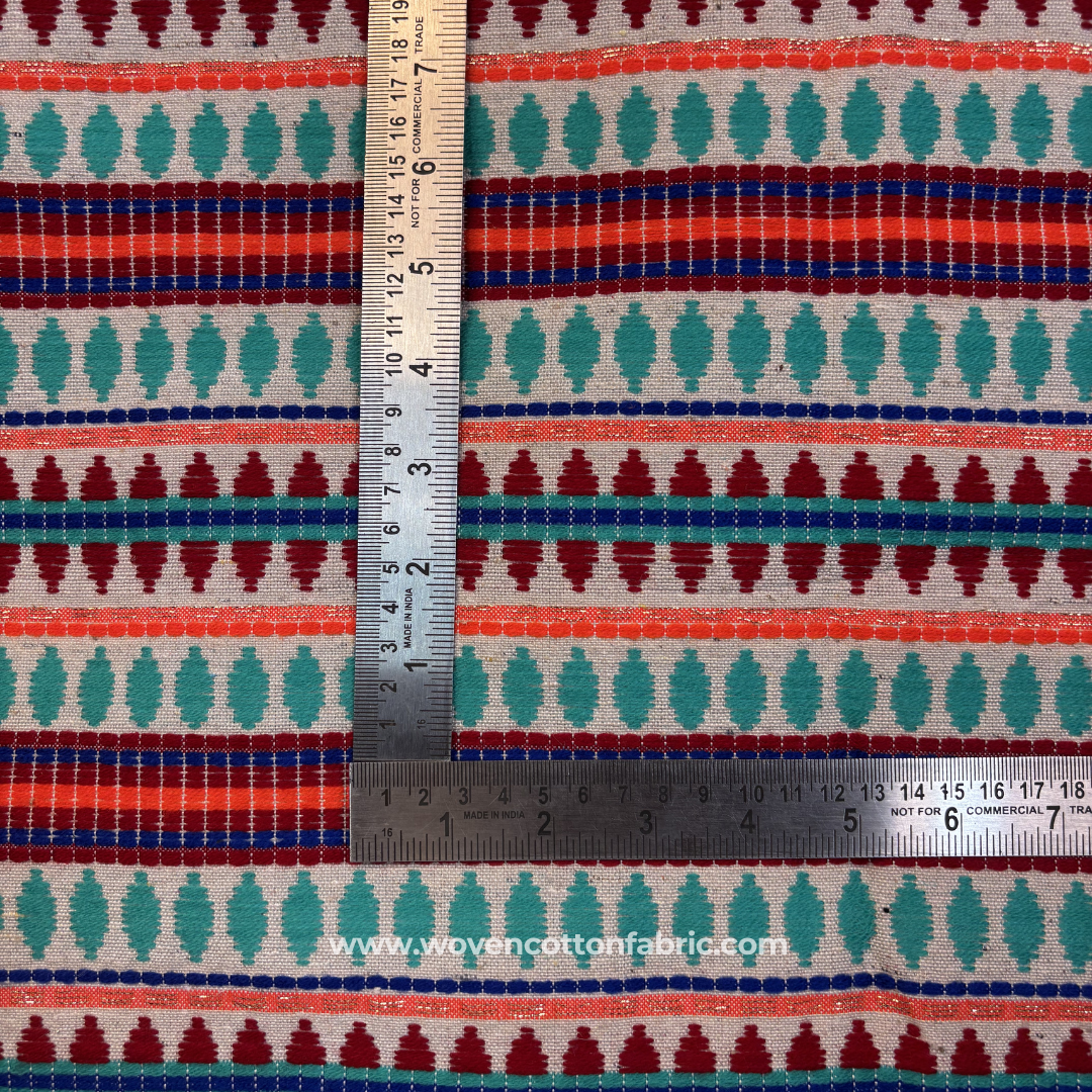 Southwestern Multi-Color Gold Zari Jacquard Cotton Handloom Fabric, Per Meter