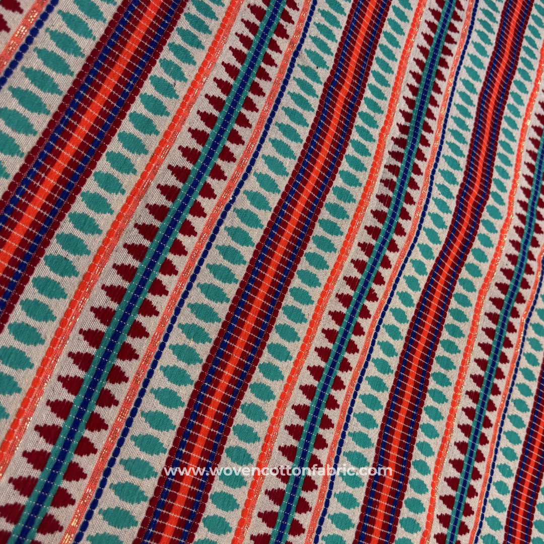Southwestern Multi-Color Gold Zari Jacquard Cotton Handloom Fabric, Per Meter