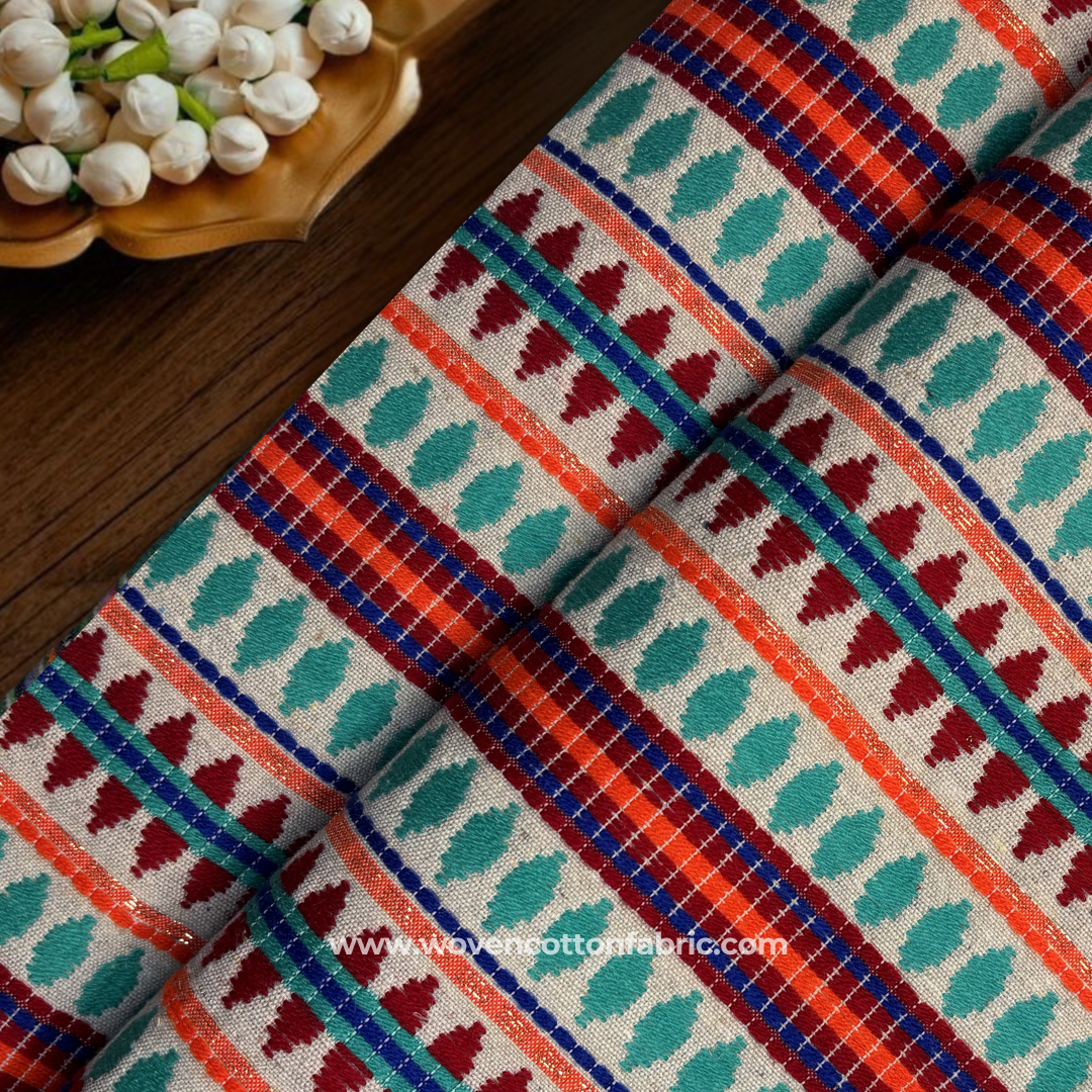 Southwestern Multi-Color Gold Zari Jacquard Cotton Handloom Fabric, Per Meter
