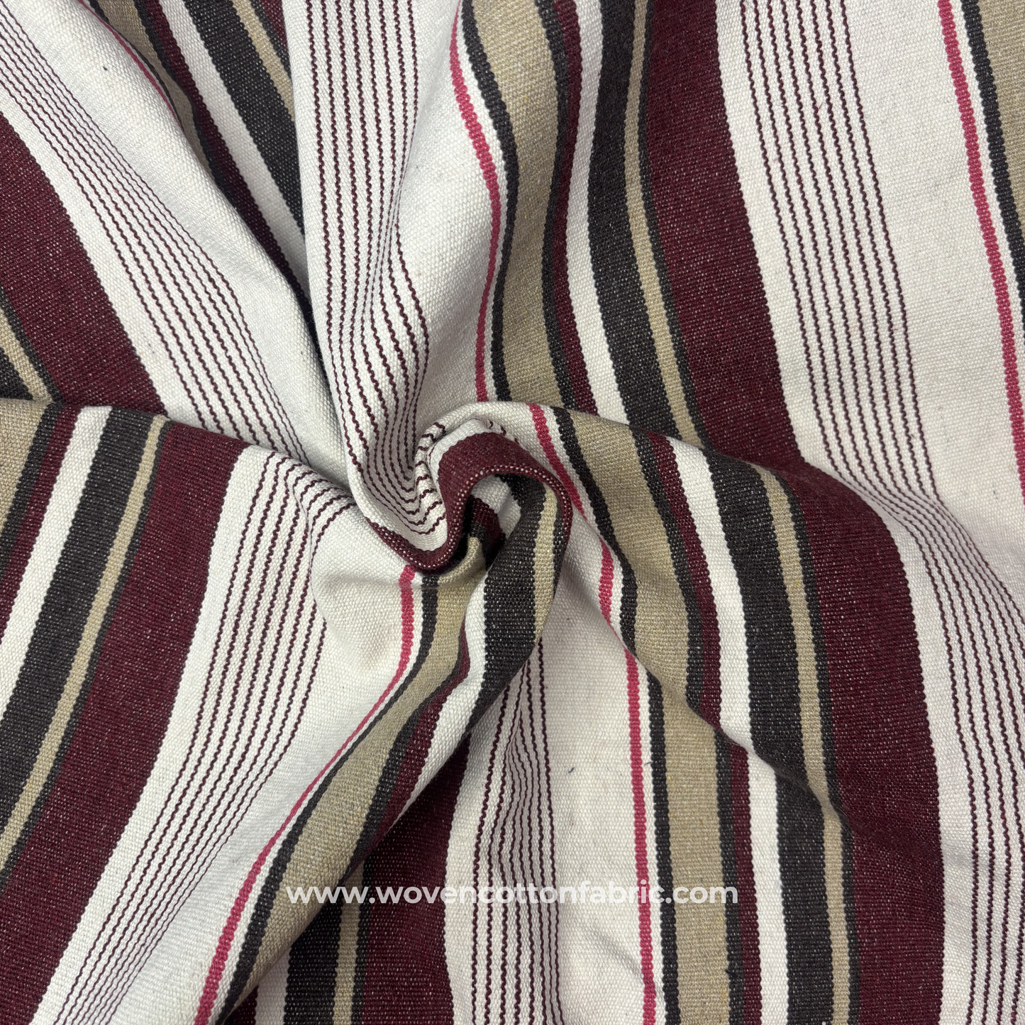 Regal Burgundy and Taupe Woven Ticking Stripe Fabric, Per Meter