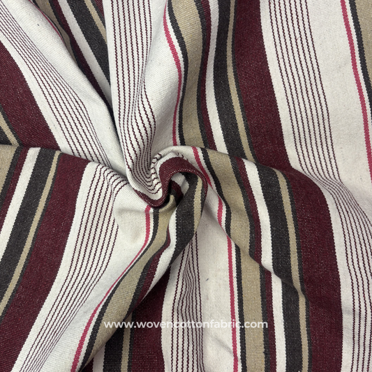 Regal Burgundy and Taupe Woven Ticking Stripe Fabric, Per Meter