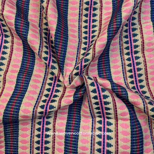 Traditional Extra-Weft Patterned Pink & Blue Jacquard Cotton Handloom Fabric, Per Meter