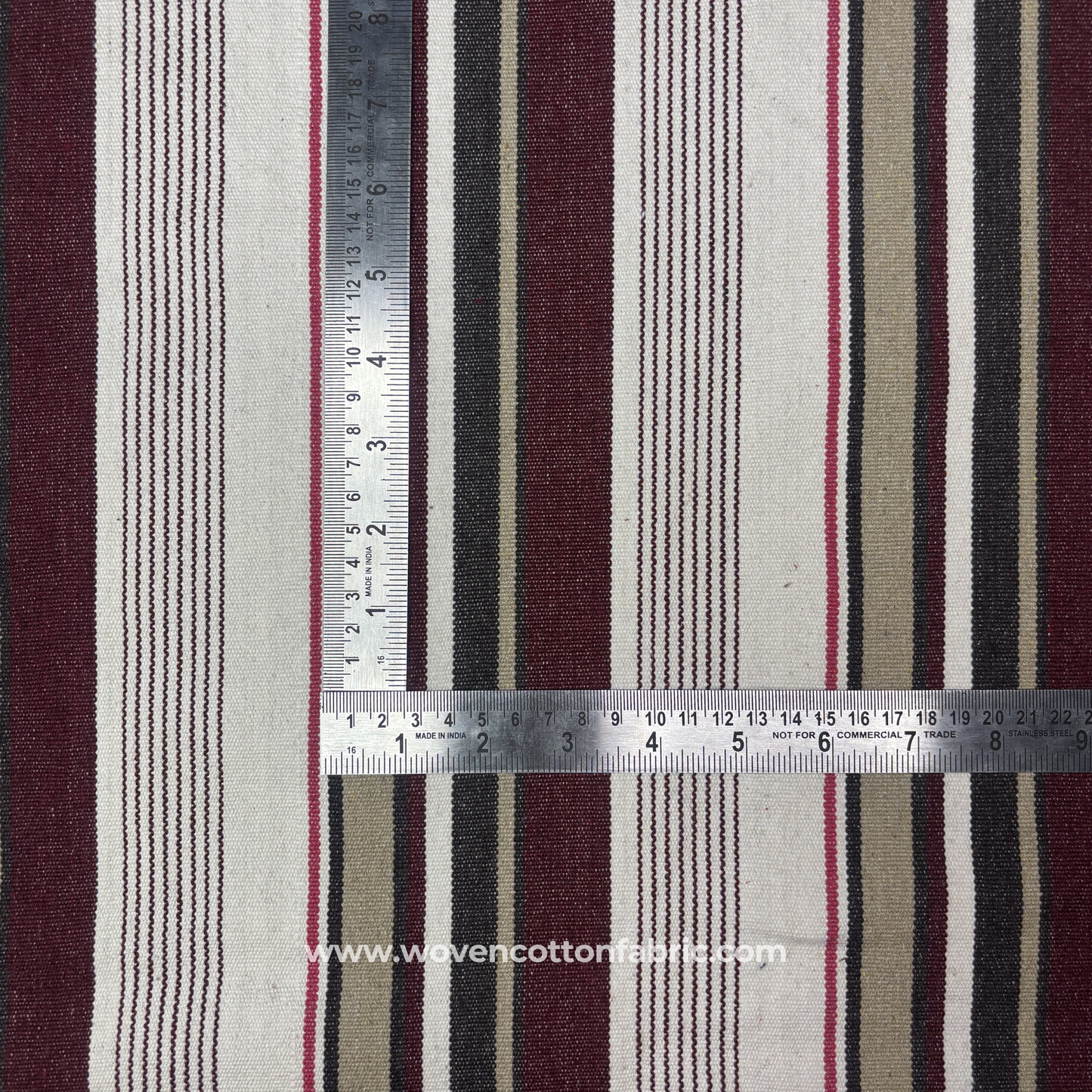 Regal Burgundy and Taupe Woven Ticking Stripe Fabric, Per Meter