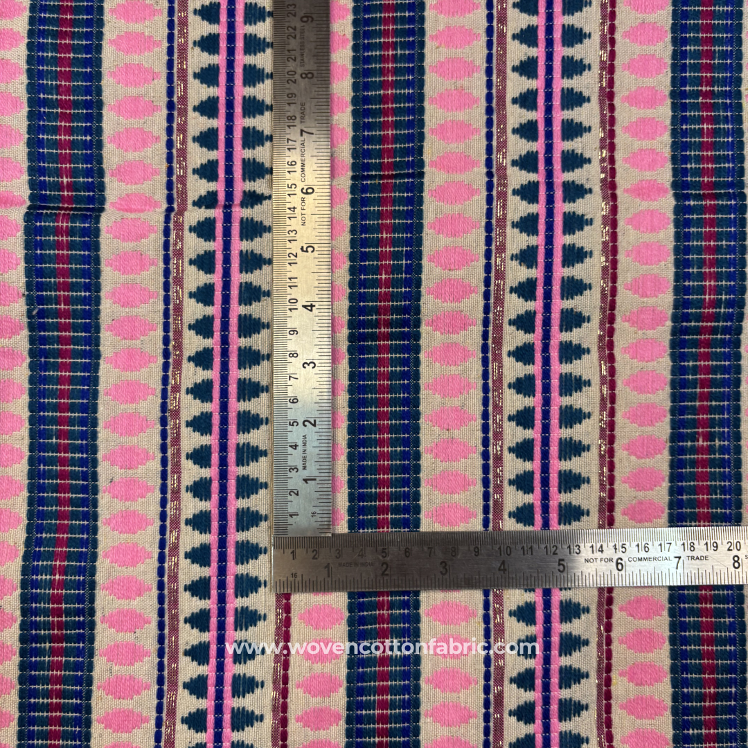 Traditional Extra-Weft Patterned Pink & Blue Jacquard Cotton Handloom Fabric, Per Meter