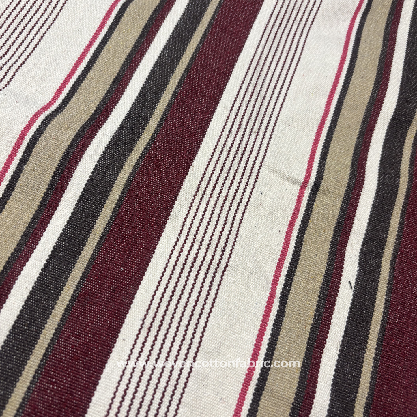 Regal Burgundy and Taupe Woven Ticking Stripe Fabric, Per Meter