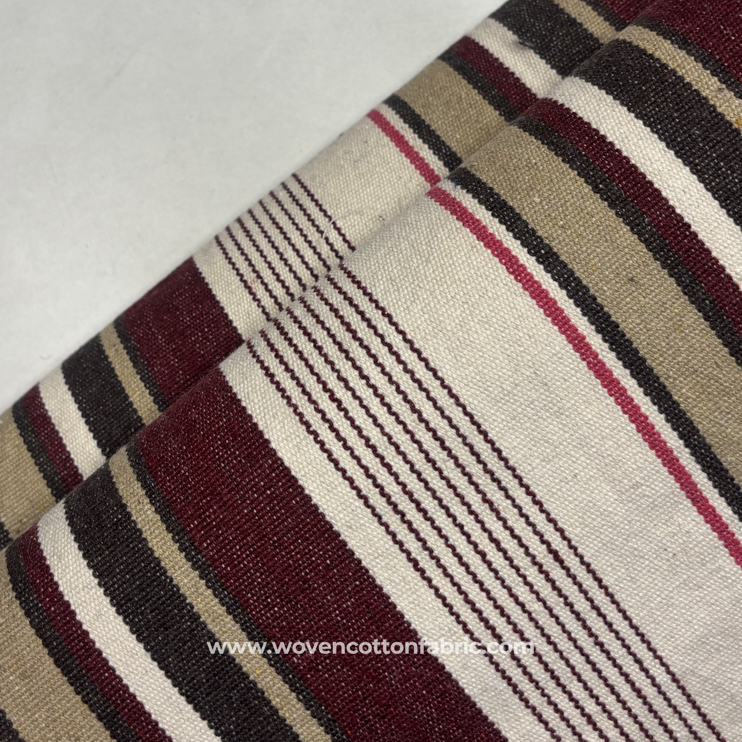 Regal Burgundy and Taupe Woven Ticking Stripe Fabric, Per Meter