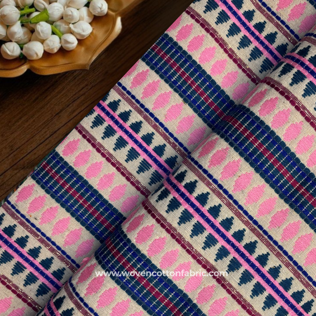 Traditional Extra-Weft Patterned Pink & Blue Jacquard Cotton Handloom Fabric, Per Meter