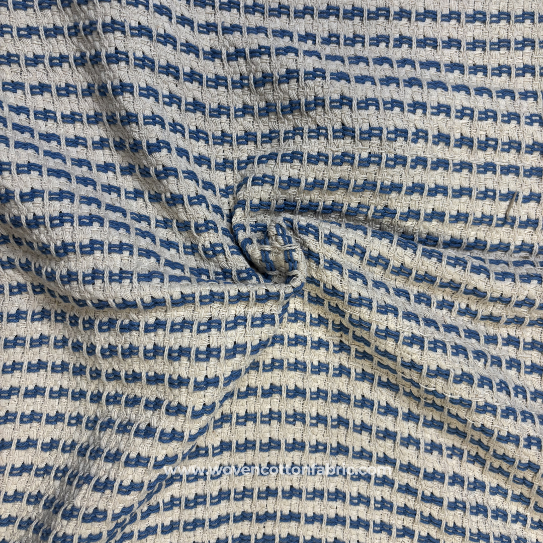 Indigo Blue Geometric Grid Textured Cotton Handloom Fabric Per Meter