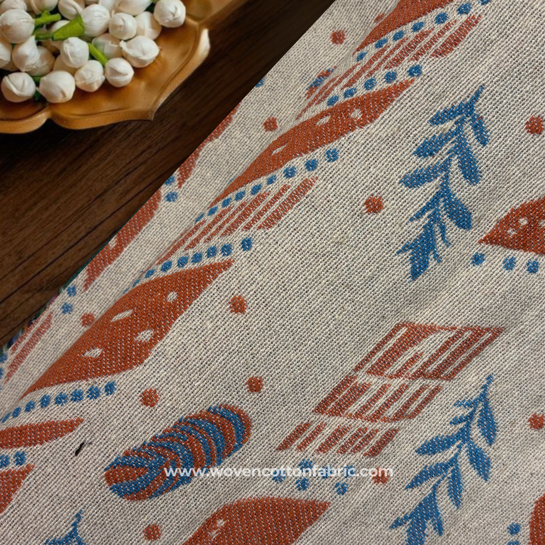 Abstract Botanical Orange Jacquard Cotton Fabric, Per Meter