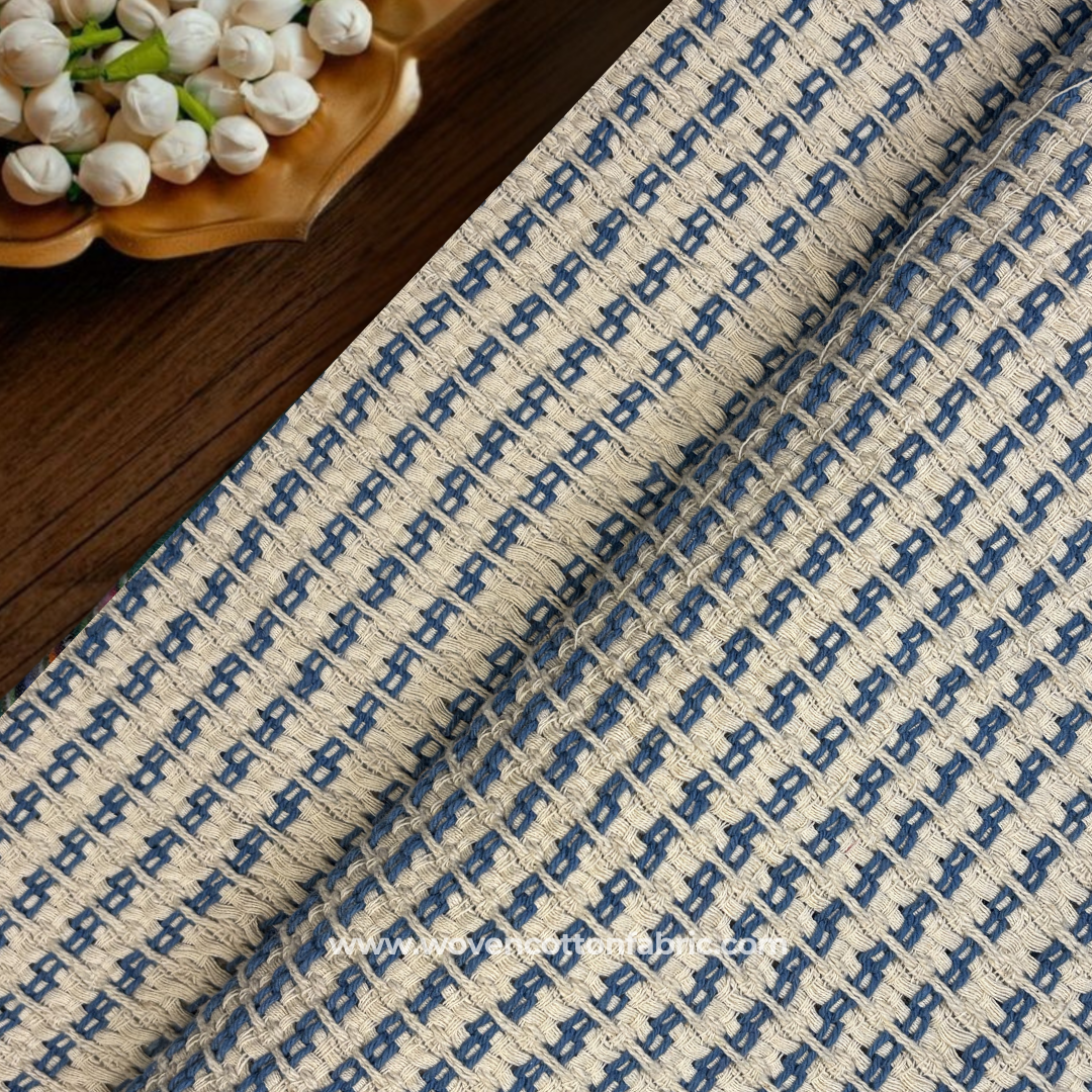 Indigo Blue Geometric Grid Textured Cotton Handloom Fabric Per Meter
