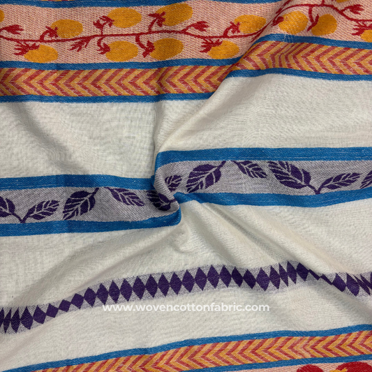 Tribal Citrus Border Blue Leaf Cotton Jacquard Fabric, Per Meter