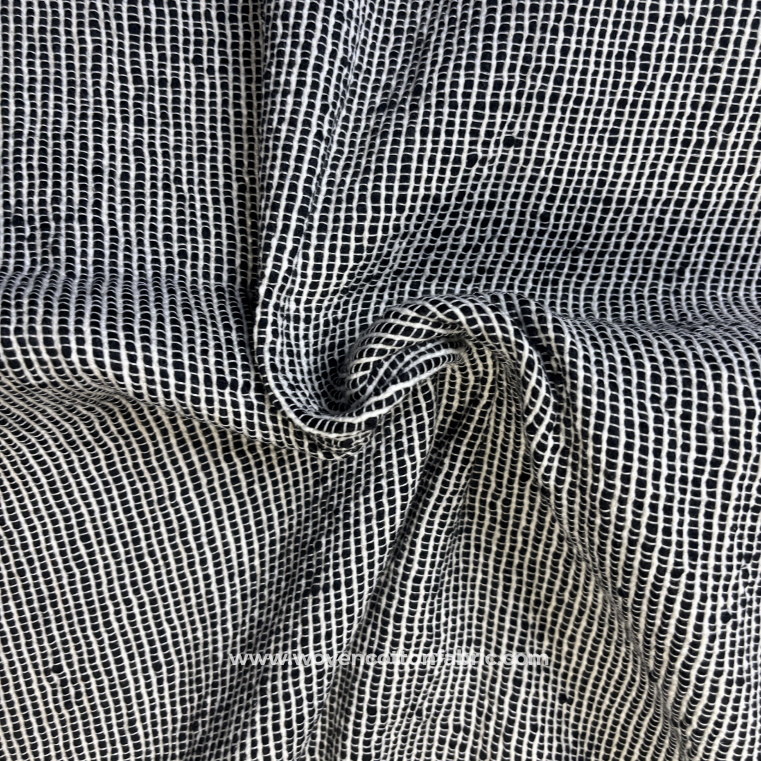 Black and White Self-Grid Textured Slub Cotton Handloom Fabric Per Meter