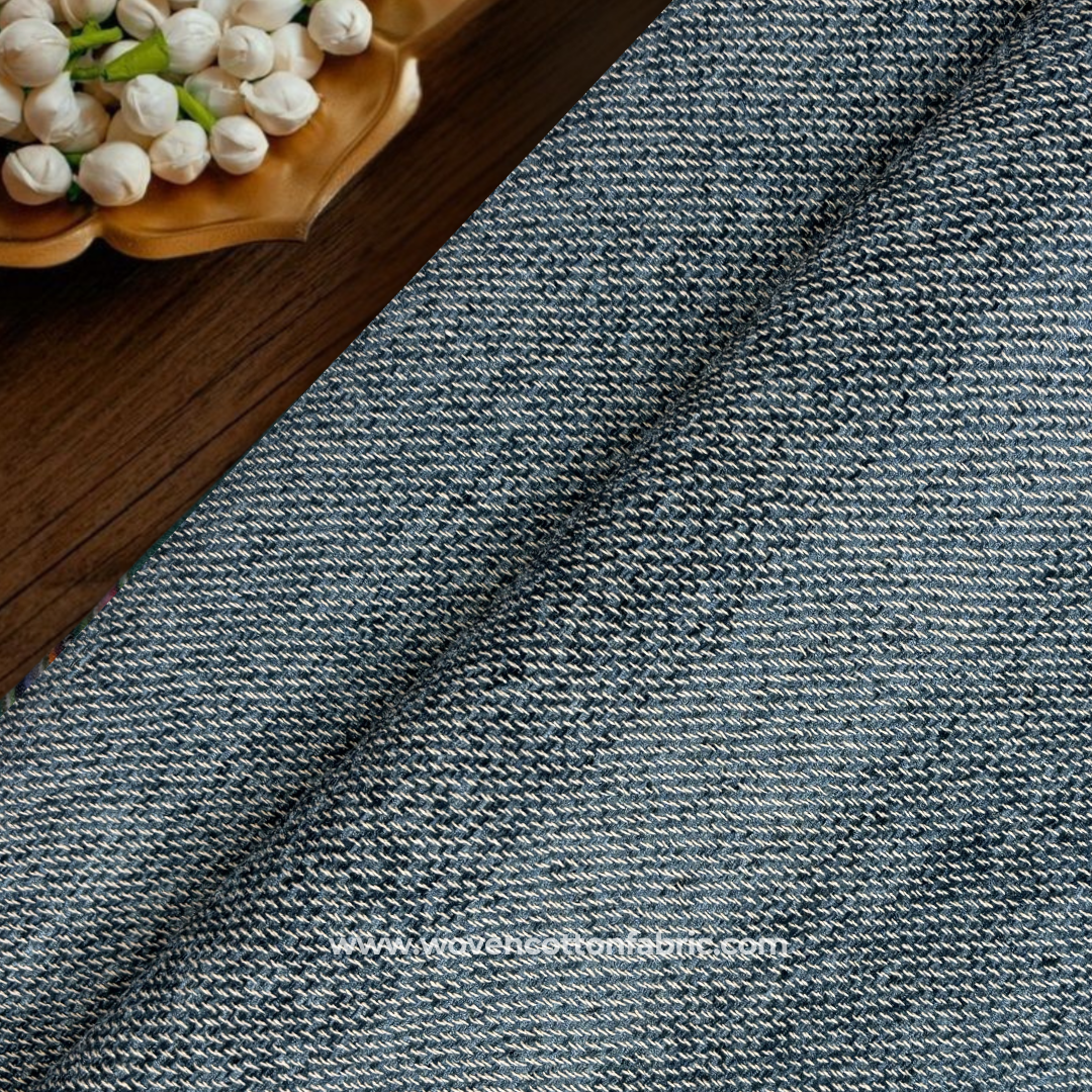Denim Blue and White Chevron Twill Textured Cotton Handloom Fabric Per Meter