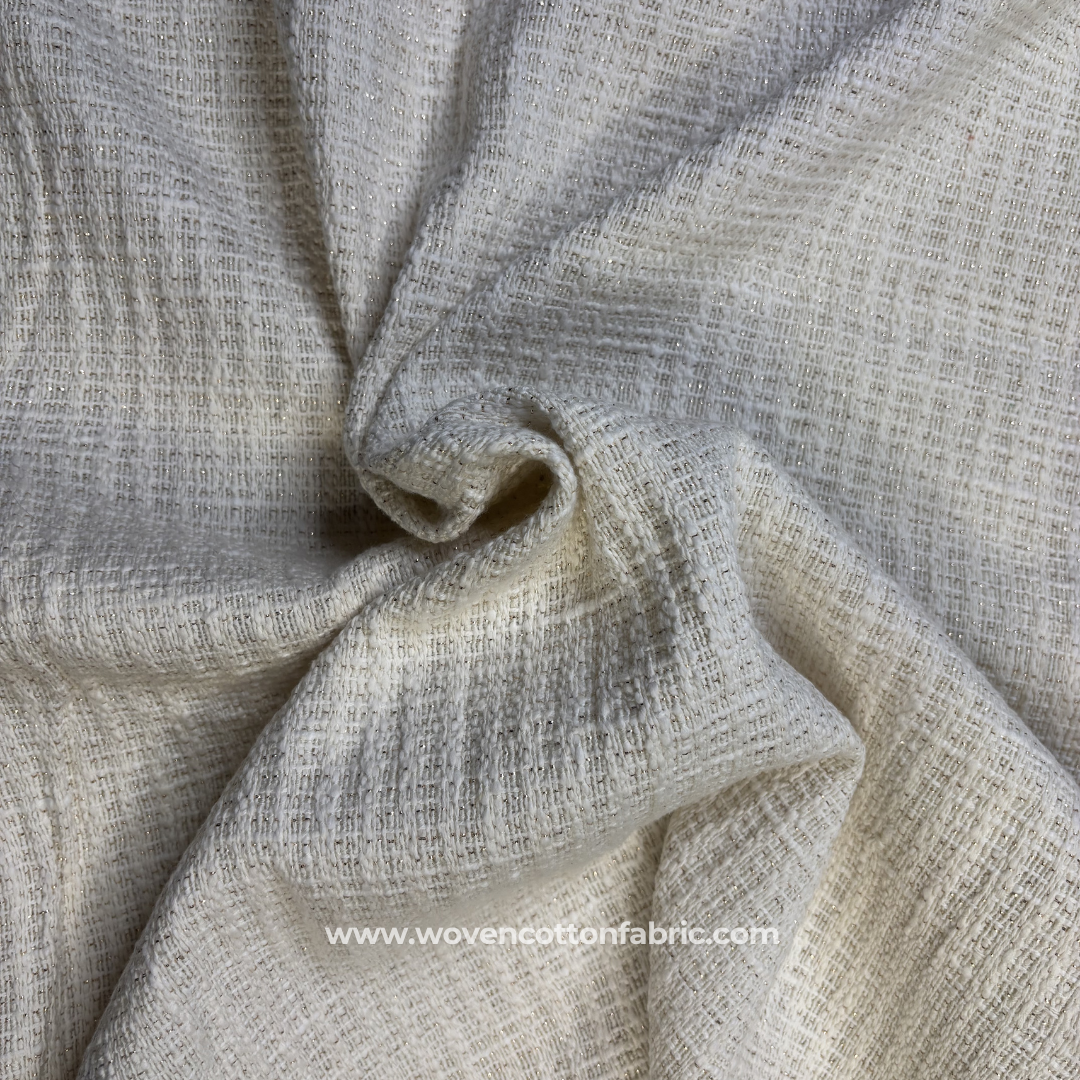 Off-White and Gold Zari Slub Textured Cotton Handloom Fabric Per Meter