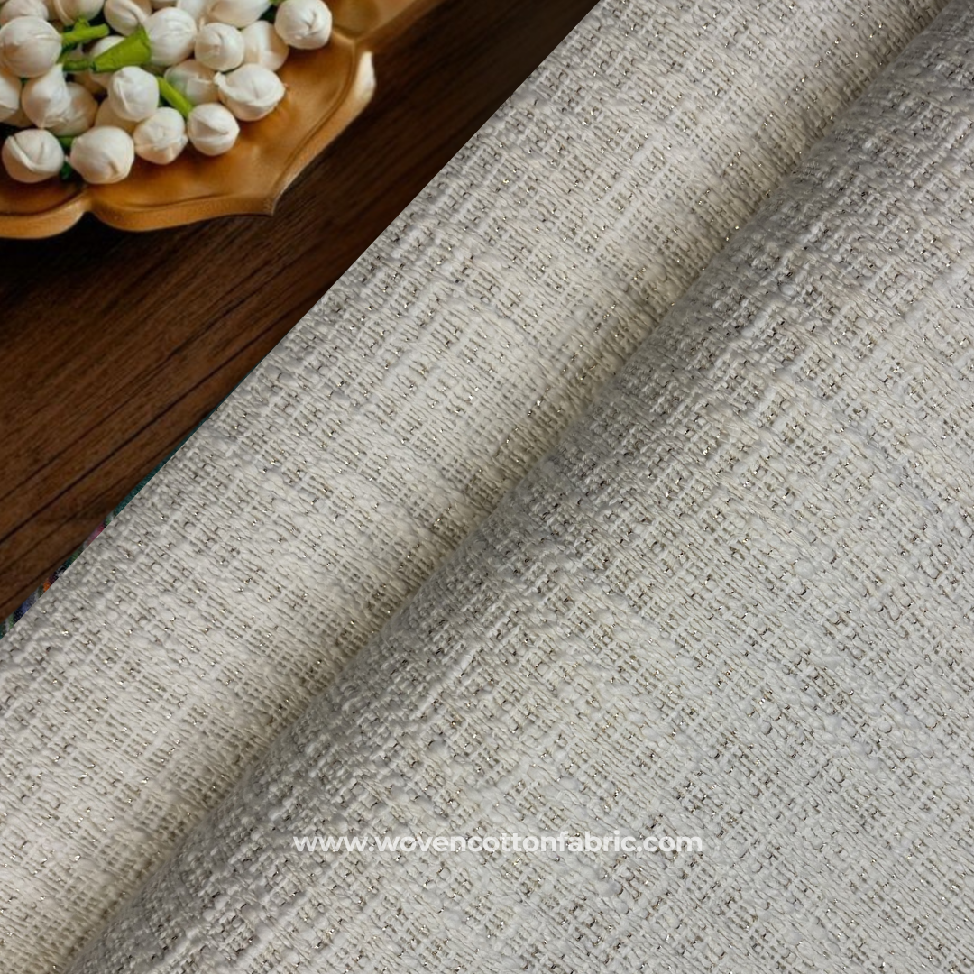 Off-White and Gold Zari Slub Textured Cotton Handloom Fabric Per Meter
