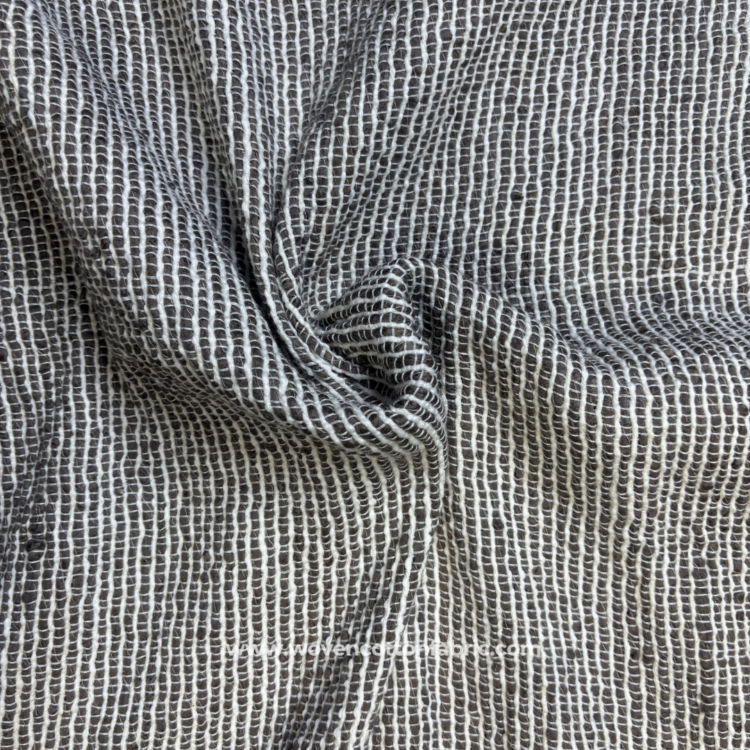 Coffee Brown and White Self-Grid Textured Slub Cotton Handloom Fabric Per Meter