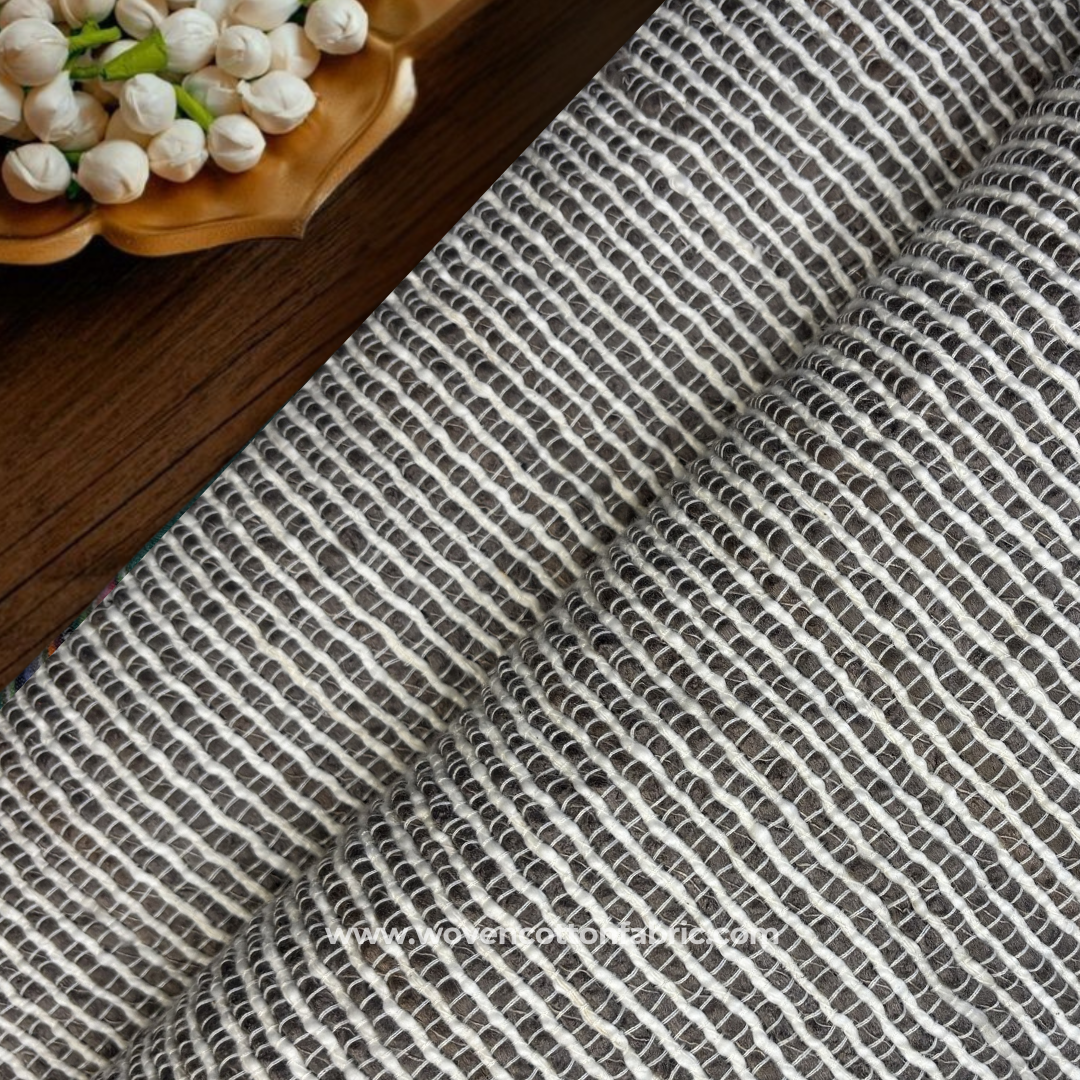 Coffee Brown and White Self-Grid Textured Slub Cotton Handloom Fabric Per Meter