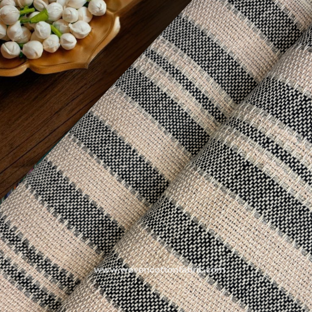 Black and Beige Multi-Stripe Textured Cotton Handloom Fabric Per Meter