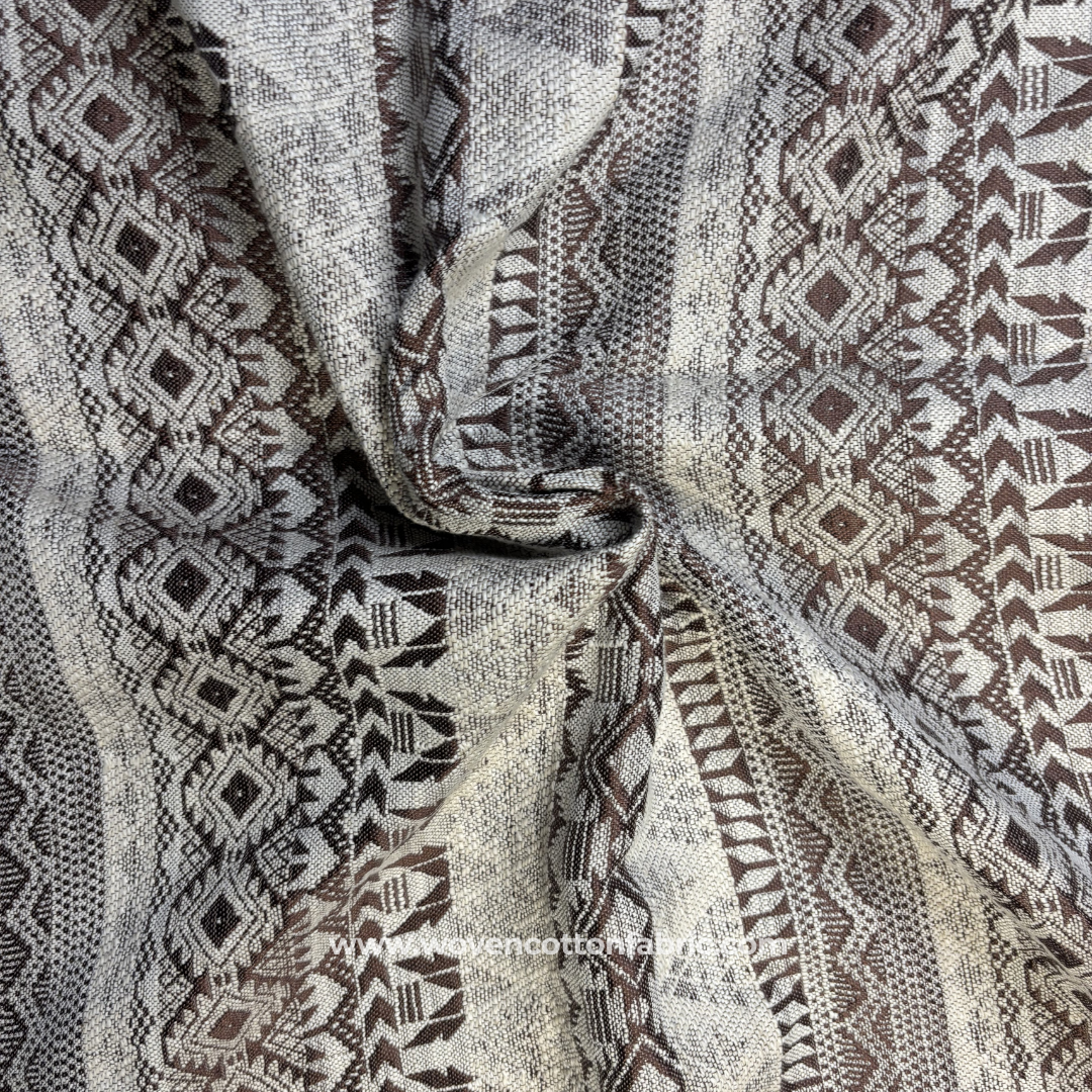 Coffee Brown and Off-White Geometric Aztec Jacquard Cotton Handloom Fabric Per Meter