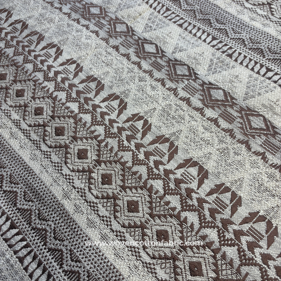 Coffee Brown and Off-White Geometric Aztec Jacquard Cotton Handloom Fabric Per Meter