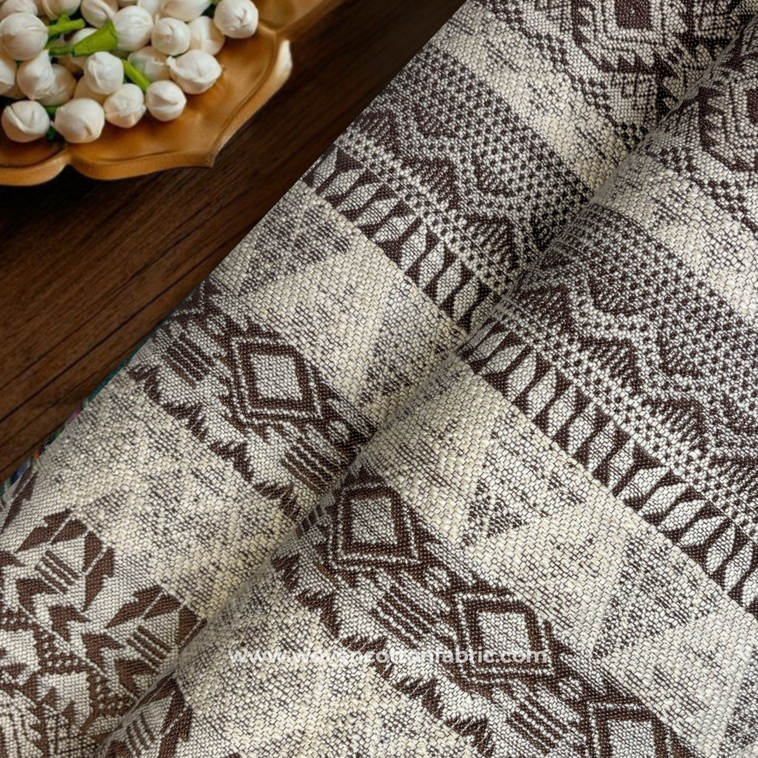 Coffee Brown and Off-White Geometric Aztec Jacquard Cotton Handloom Fabric Per Meter