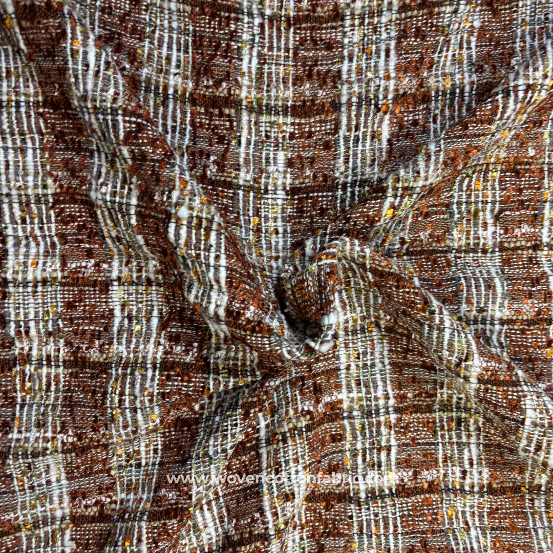 Rust Brown and White Textured Metallic Tweed Tartan Plaid Handloom Cotton Fabric Per Meter