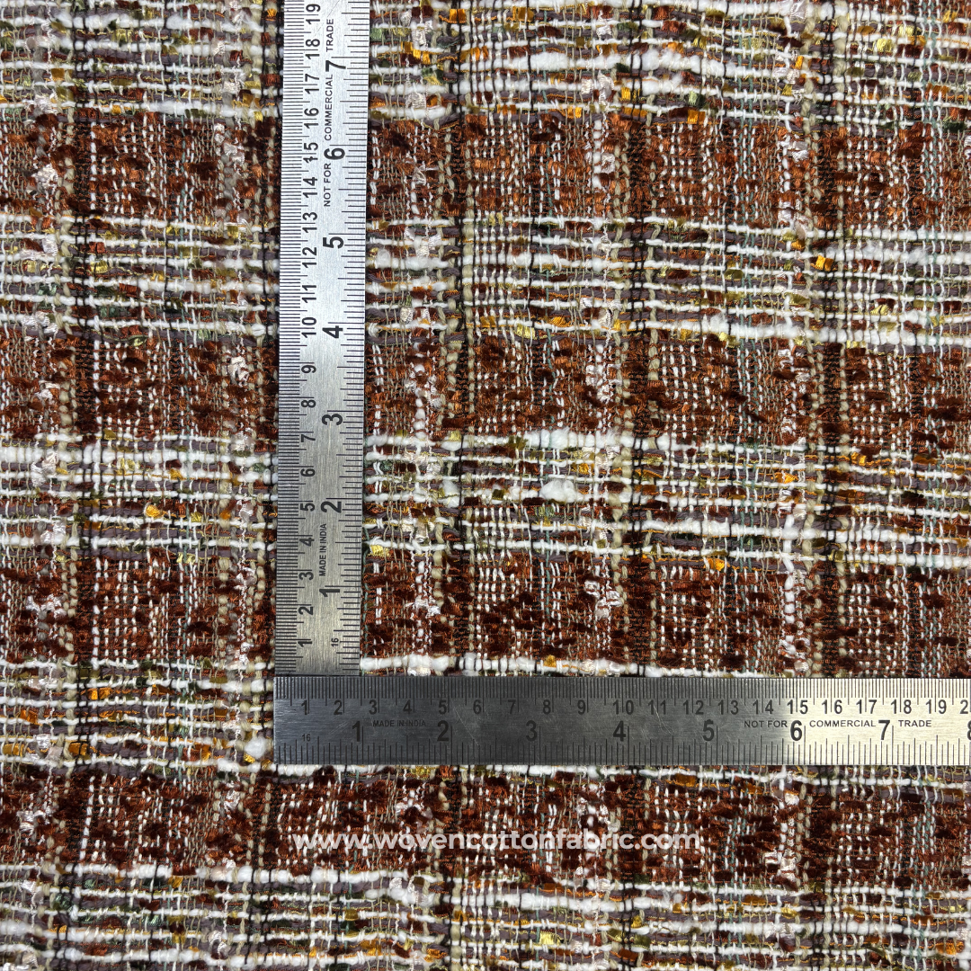Rust Brown and White Textured Metallic Tweed Tartan Plaid Handloom Cotton Fabric Per Meter