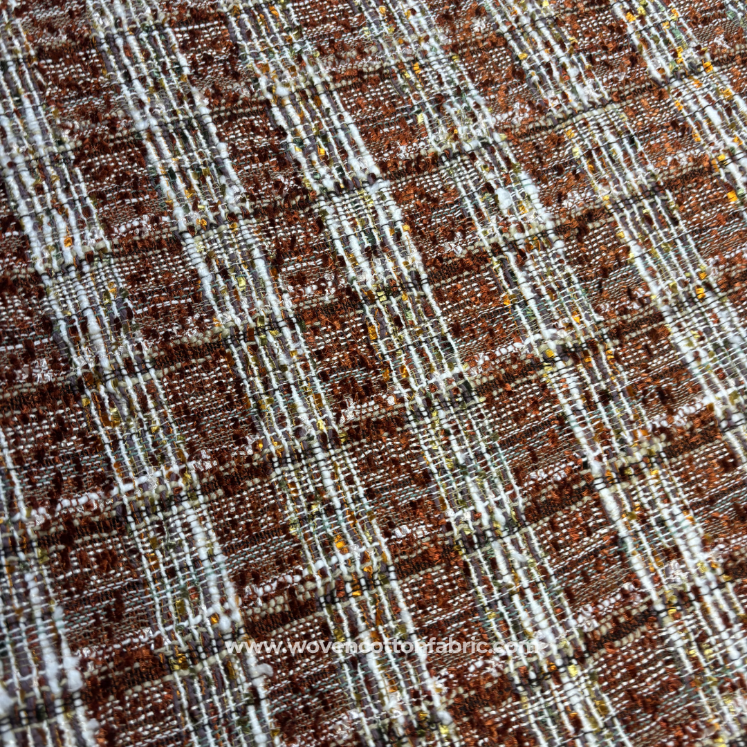 Rust Brown and White Textured Metallic Tweed Tartan Plaid Handloom Cotton Fabric Per Meter