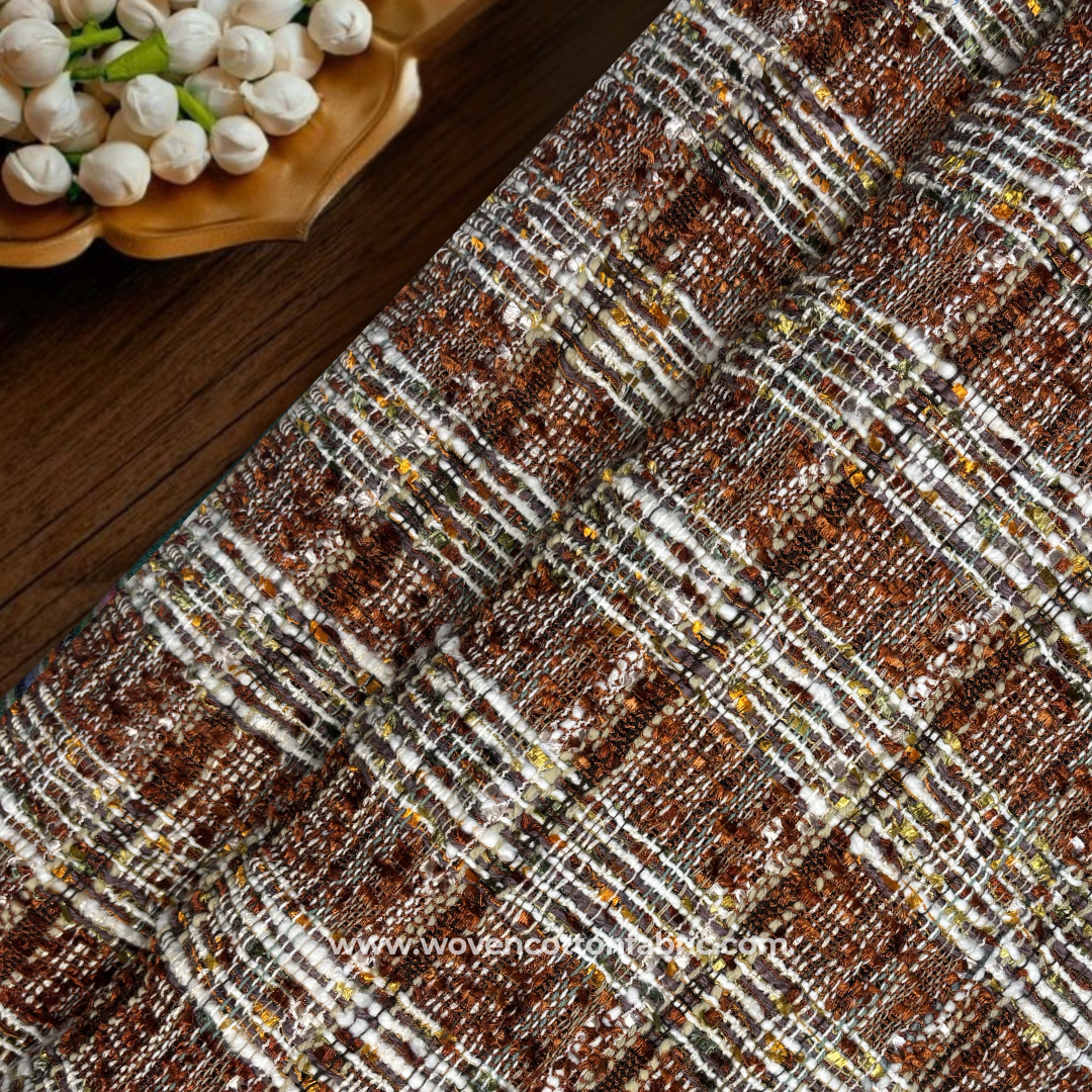 Rust Brown and White Textured Metallic Tweed Tartan Plaid Handloom Cotton Fabric Per Meter