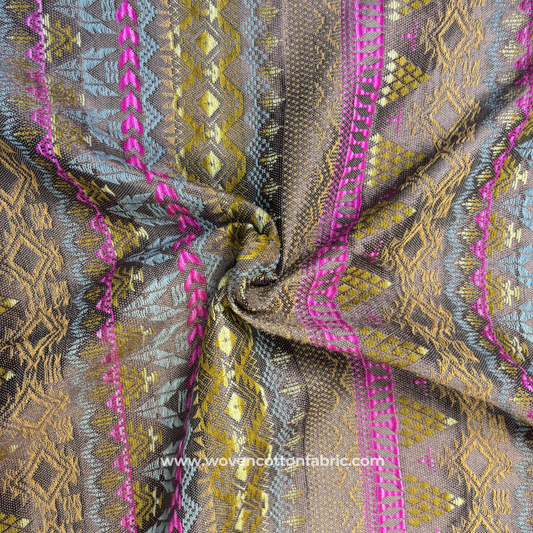 Taupe Grey and Magenta Geometric Tribal Aztec Jacquard Cotton Handloom Fabric Per Meter
