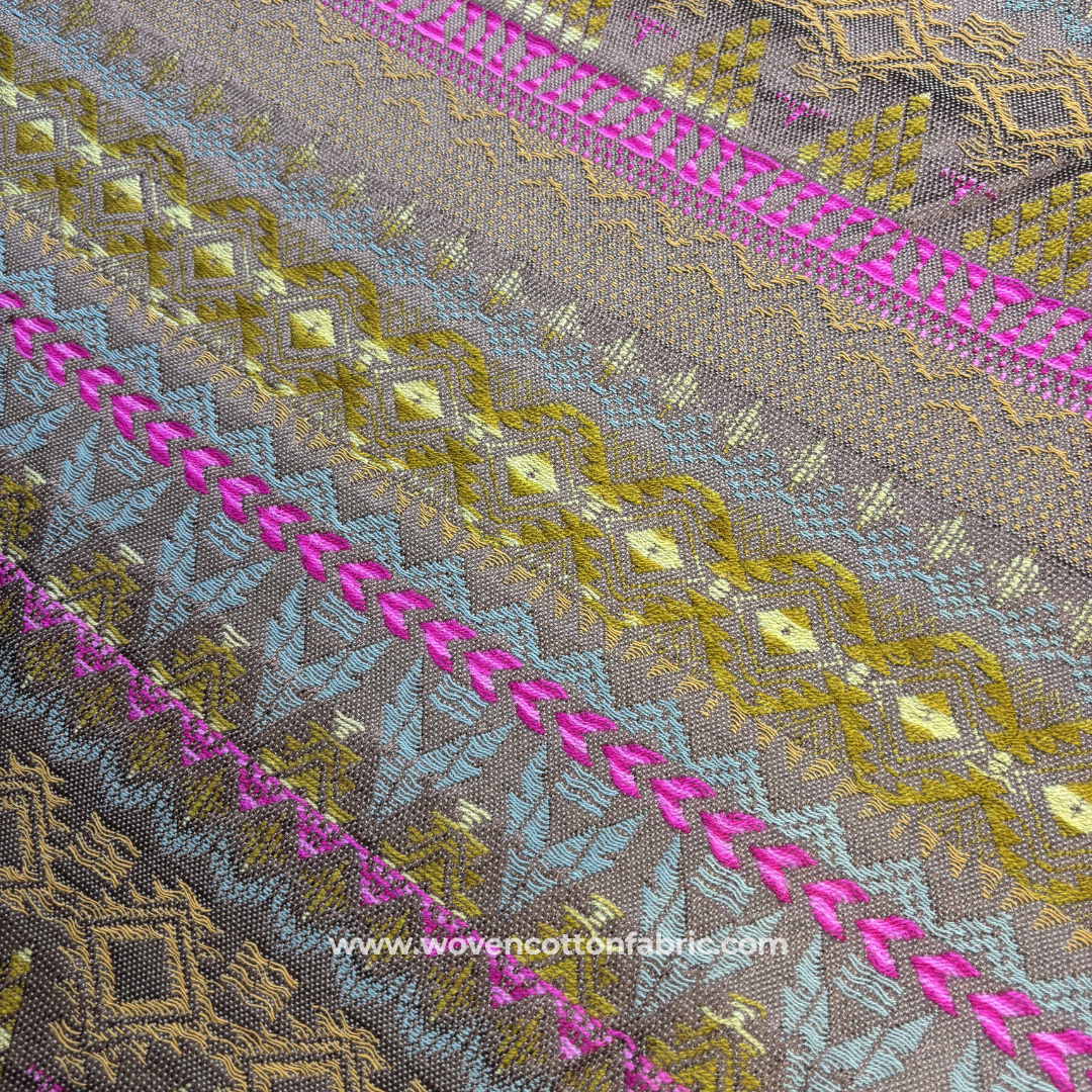 Taupe Grey and Magenta Geometric Tribal Aztec Jacquard Cotton Handloom Fabric Per Meter