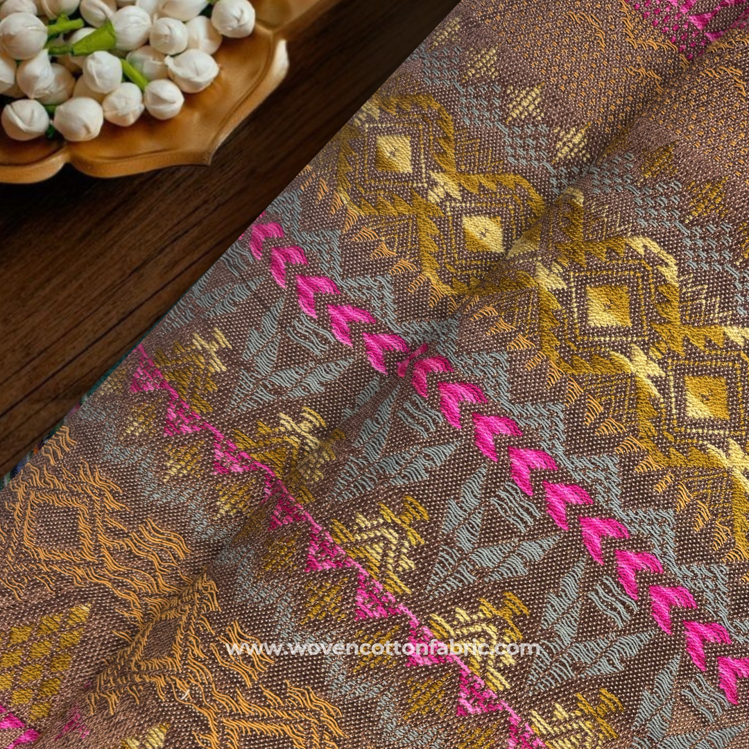 Taupe Grey and Magenta Geometric Tribal Aztec Jacquard Cotton Handloom Fabric Per Meter