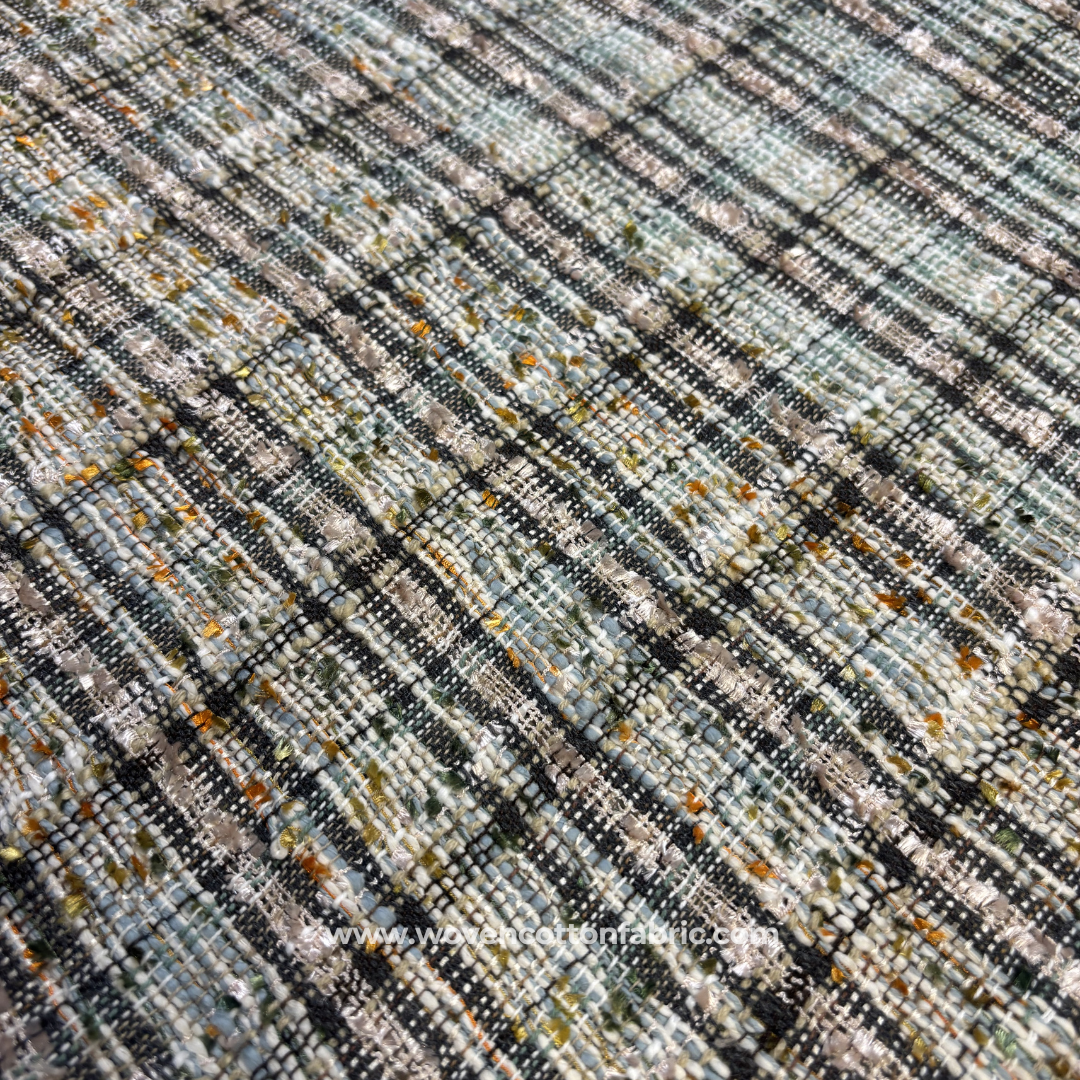 Sea Green and Black Textured Tweed Tartan Plaid Handloom Cotton Fabric Per Meter
