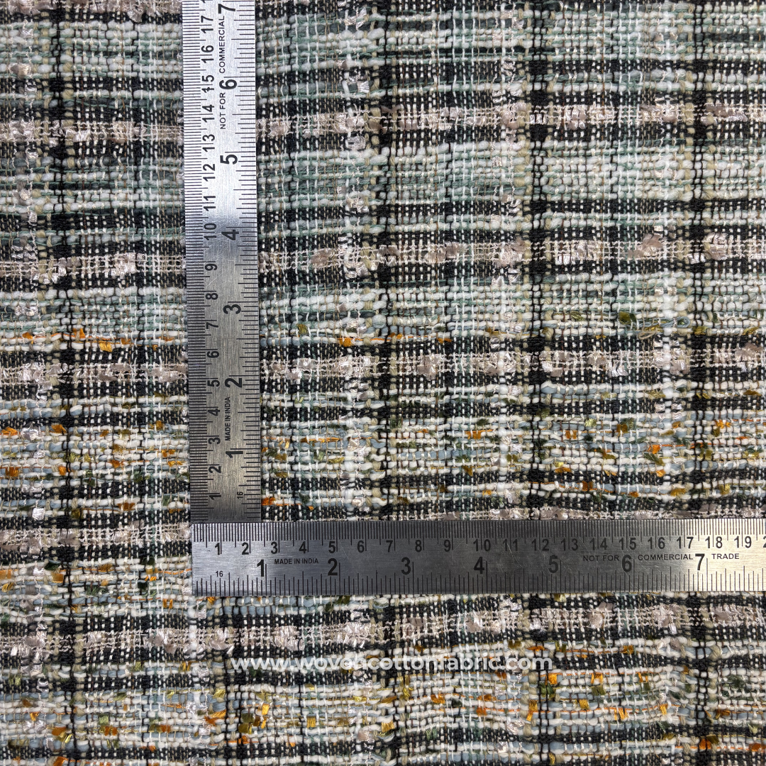 Sea Green and Black Textured Tweed Tartan Plaid Handloom Cotton Fabric Per Meter