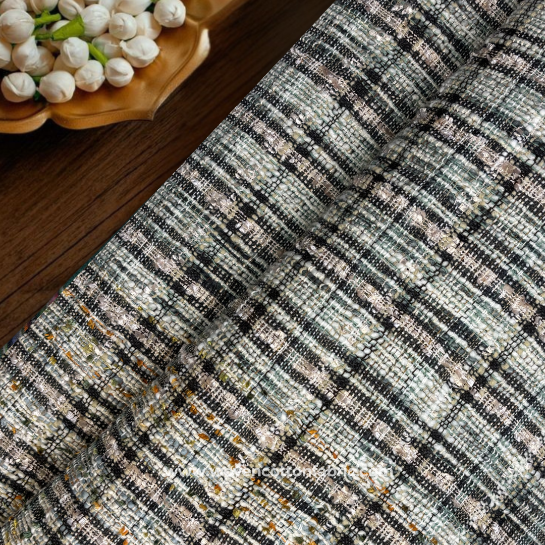 Sea Green and Black Textured Tweed Tartan Plaid Handloom Cotton Fabric Per Meter