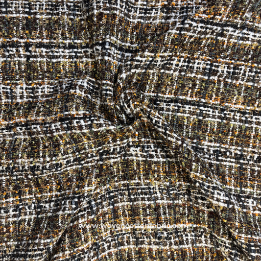 Multi-Color Dark Brown and White Textured Cotton Tweed Tartan Plaid Handloom Fabric Per Meter