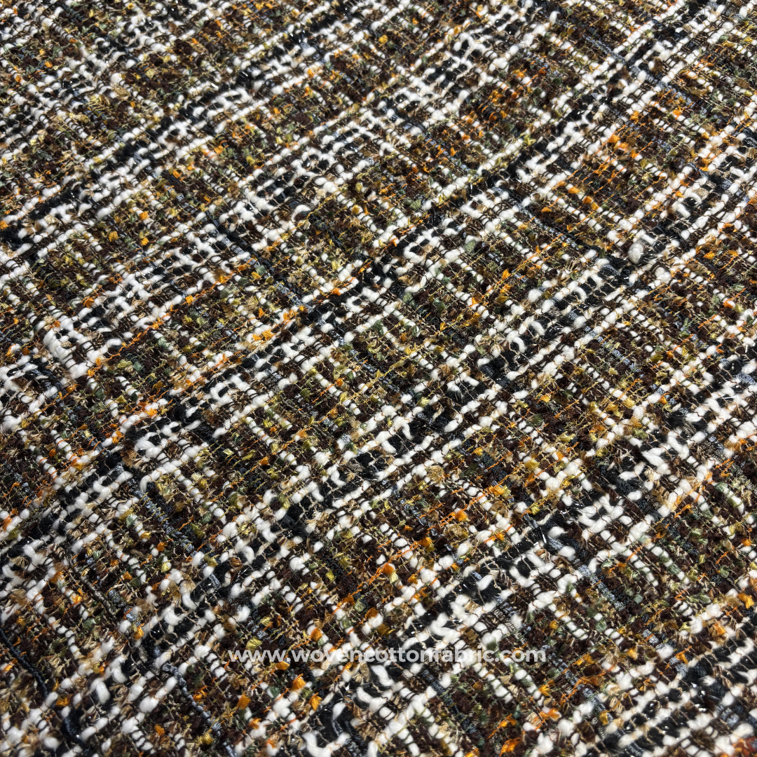 Multi-Color Dark Brown and White Textured Cotton Tweed Tartan Plaid Handloom Fabric Per Meter