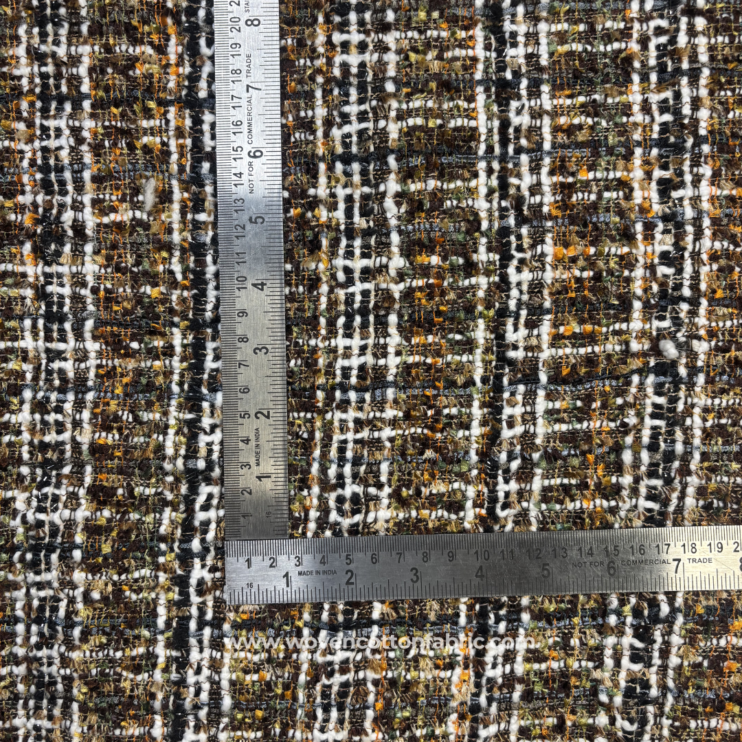 Multi-Color Dark Brown and White Textured Cotton Tweed Tartan Plaid Handloom Fabric Per Meter