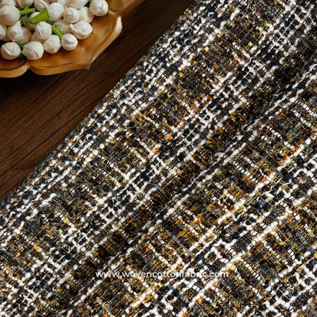 Multi-Color Dark Brown and White Textured Cotton Tweed Tartan Plaid Handloom Fabric Per Meter