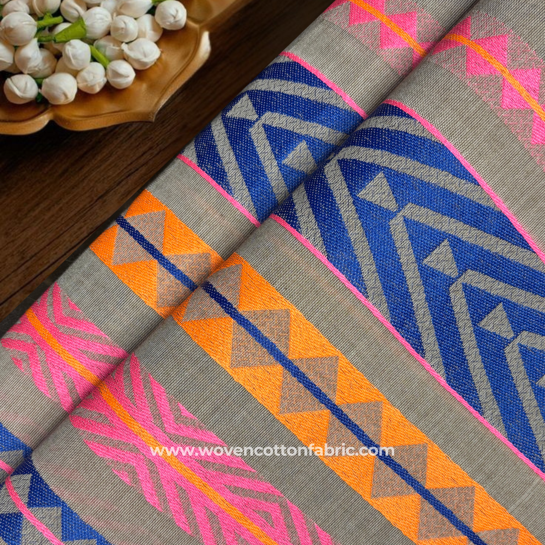 Electric Earth Blue Tones Cotton Jacquard Fabric, Per Meter